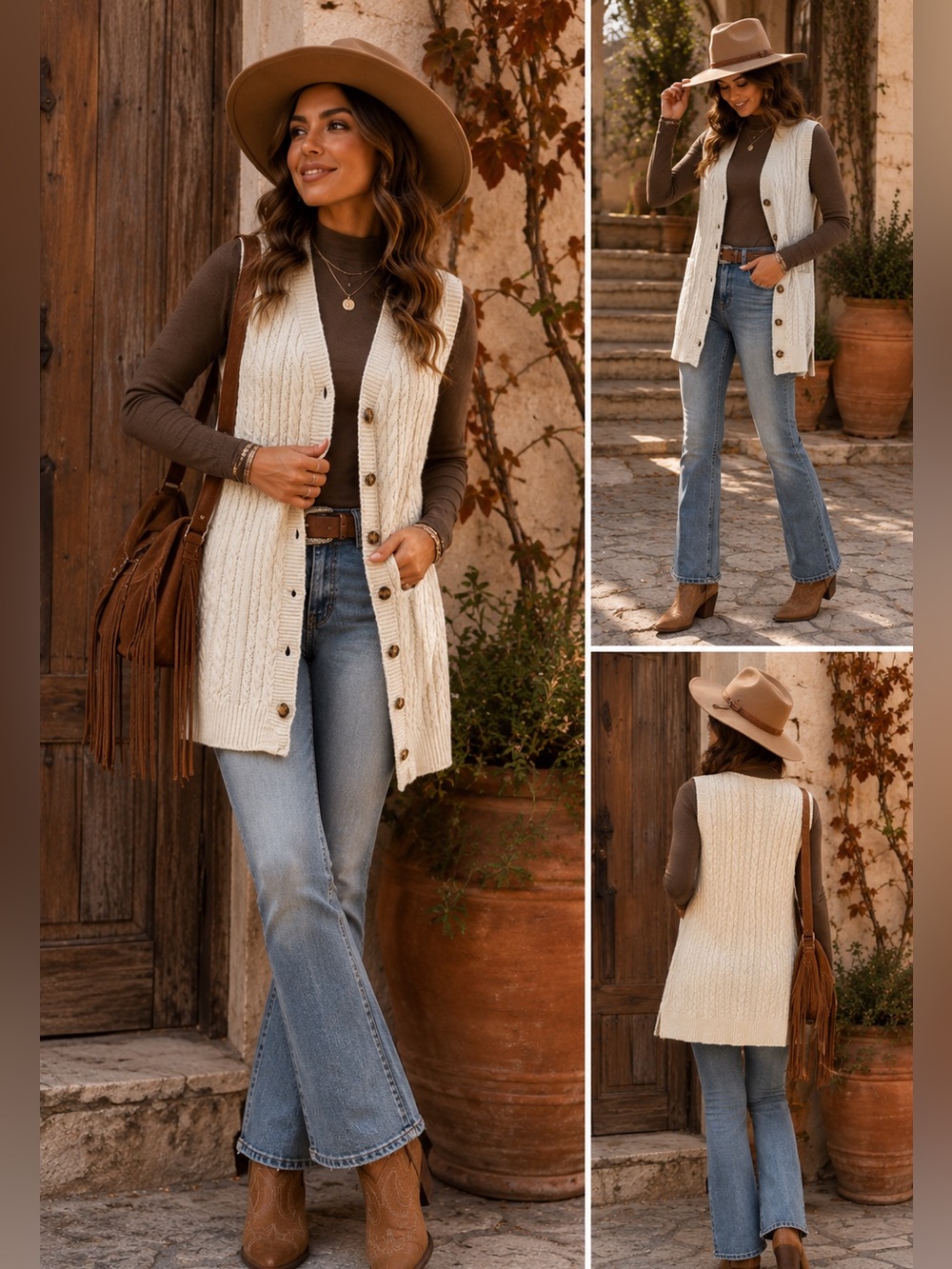Artisan Vintage Cable Knit Duster Vest Cardigan Sweater Cottagecore Knitwear